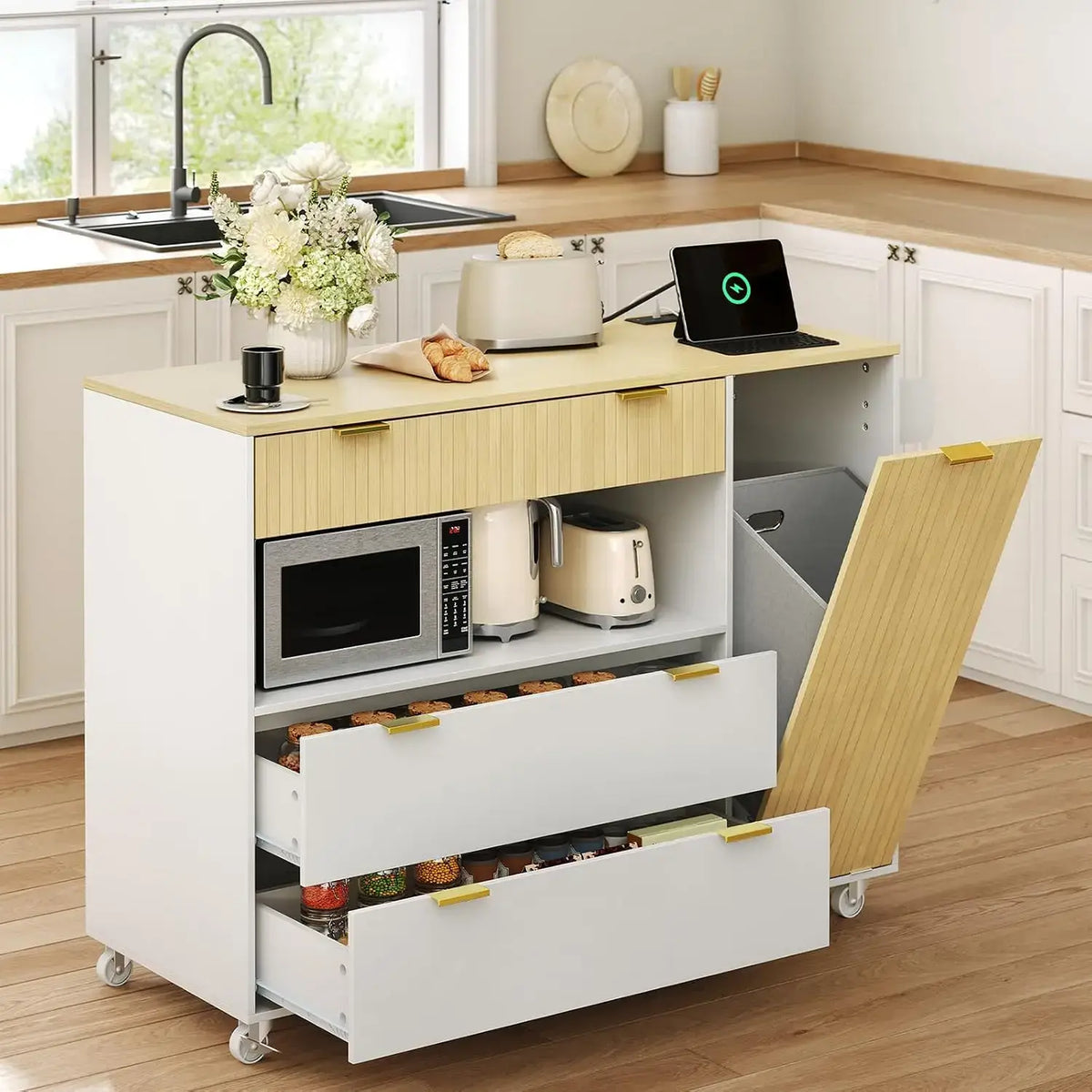 Rolling Kitchen Island with Storage, Power Outlet & Trash Bin – image 13