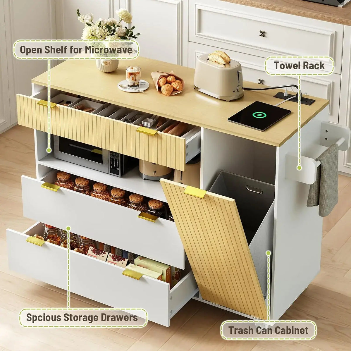 Rolling Kitchen Island with Storage, Power Outlet & Trash Bin – image 11