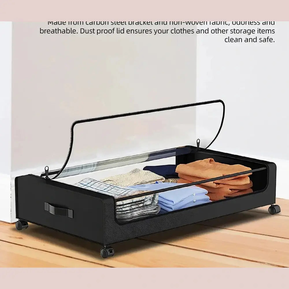 Rolling under-bed storage bins with clear window and wheels for easy access to stored items.