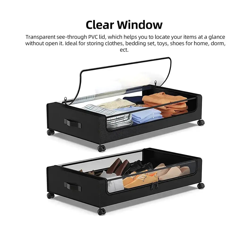 Rolling under-bed storage bins with clear PVC window for easy viewing and access to stored items.