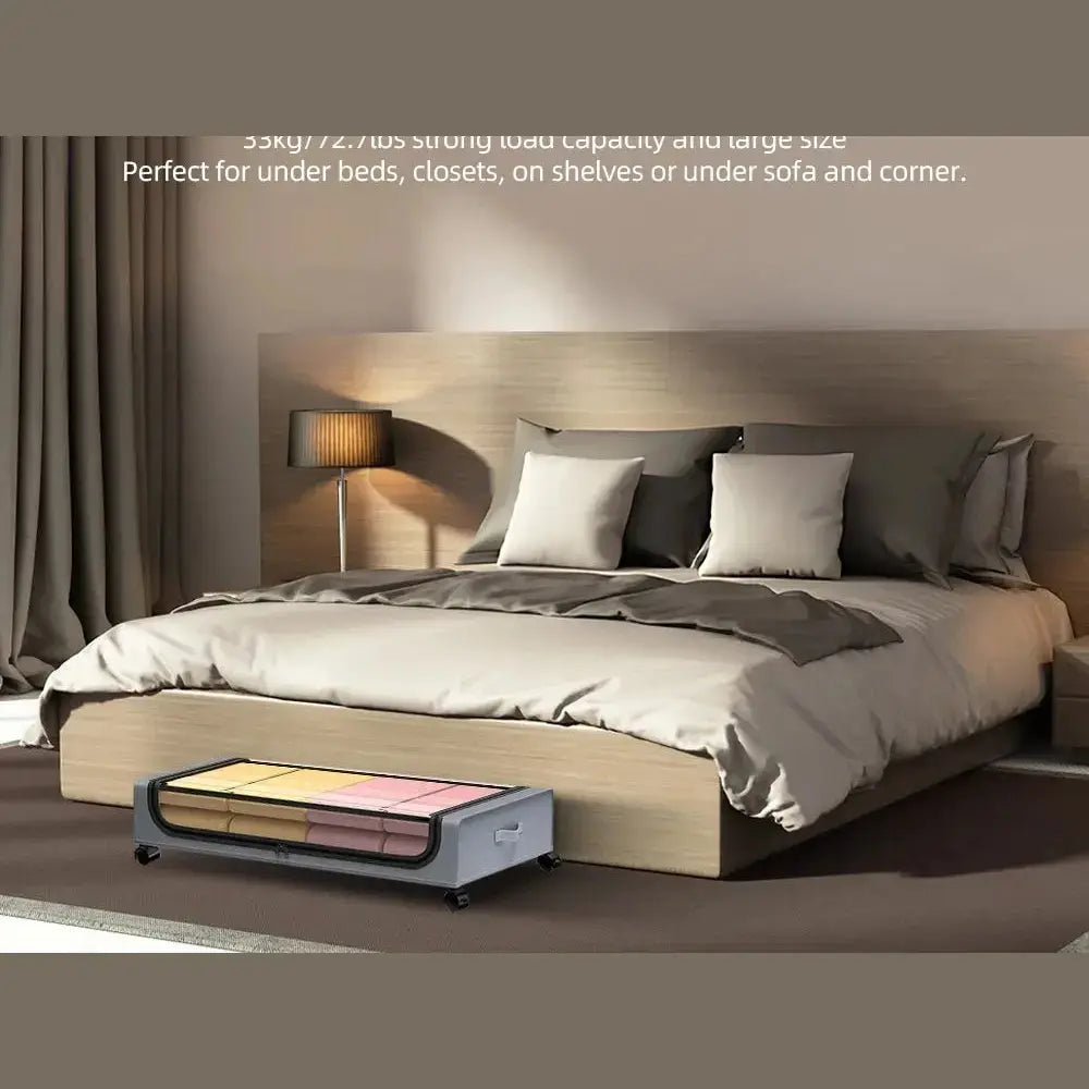 Rolling under-bed storage bins with zippered lid and wheels neatly stored under a bed for easy organization.