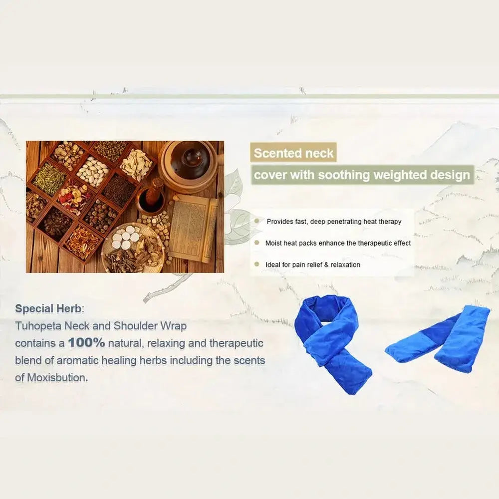 Herbal microwavable neck wrap in blue, designed for soothing heat therapy, featuring natural aromatherapy herbs.