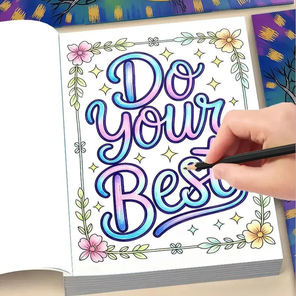 A close-up of a hand coloring in the adult coloring book for self-care with a vibrant design that encourages positive affirmations.