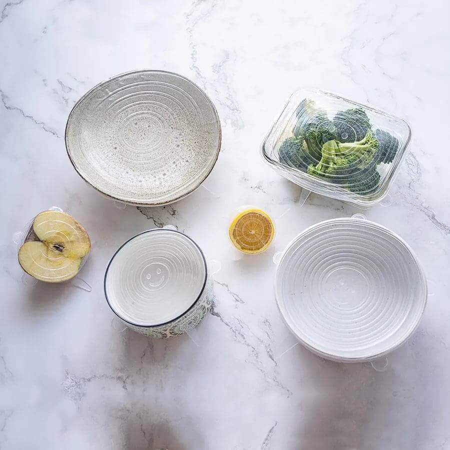 Set of six reusable silicone bowl covers in assorted sizes.