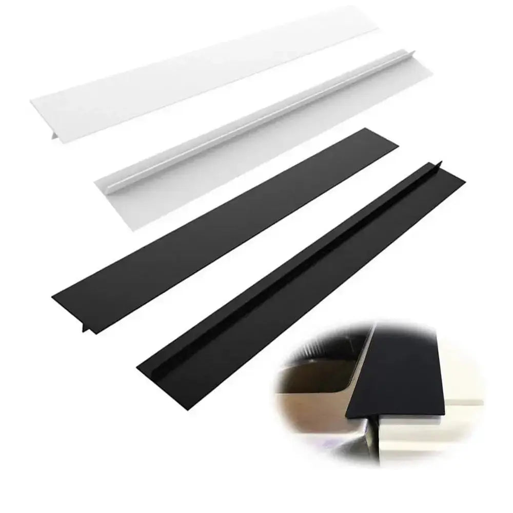 Silicone stove counter gap cover in white and black, T-shape design for kitchen stove and countertop gaps.