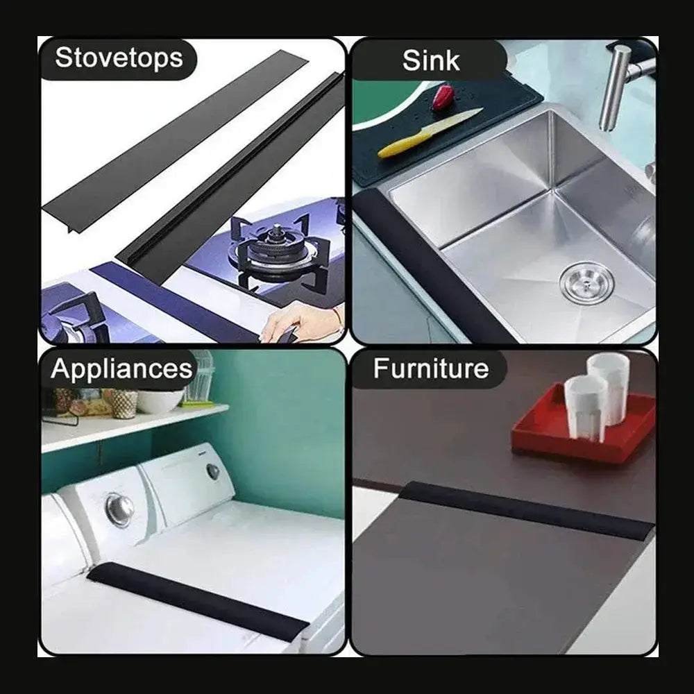 Silicone stove counter gap cover shown in various applications including stovetops, sink, appliances, and furniture.