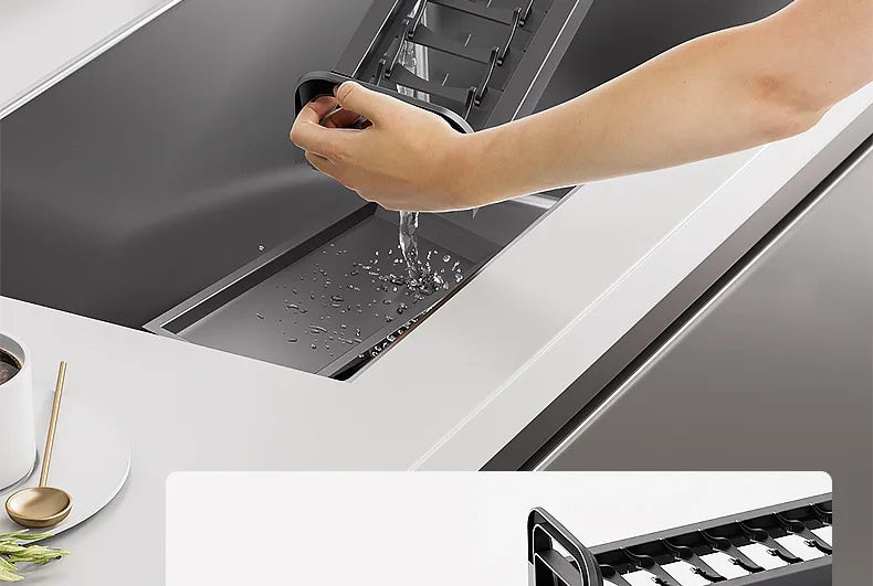 Pull-Out Cabinet Organizer with Sliding Baskets, 600–800 mm showcasing a detailed image of its removable drain pan in use.