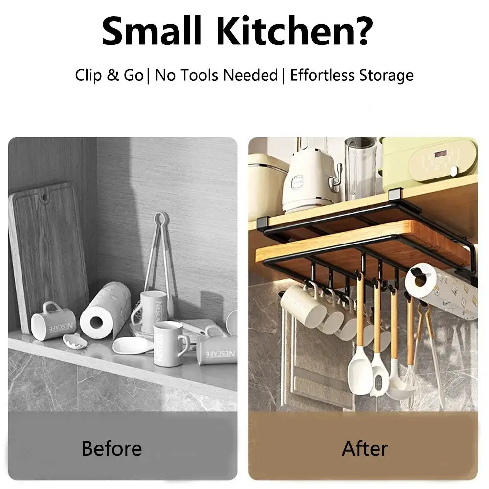 Small kitchen cabinet fitted with the Under-Cabinet Kitchen Organizer Rack for extra space