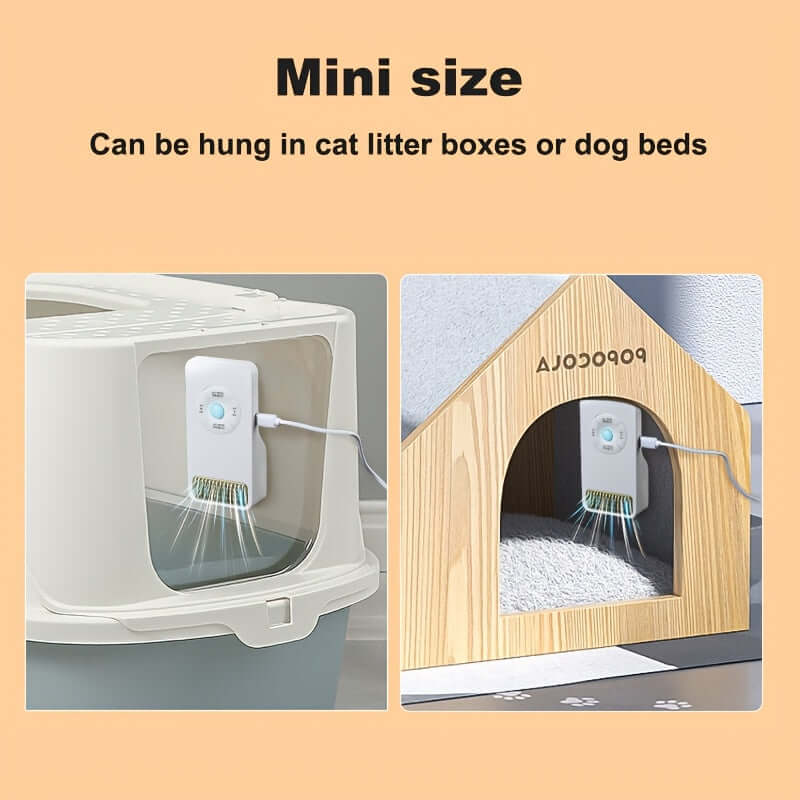 Compact USB air purifier for desk, mini size fits in cat litter boxes and dog beds, ideal for personal spaces.
