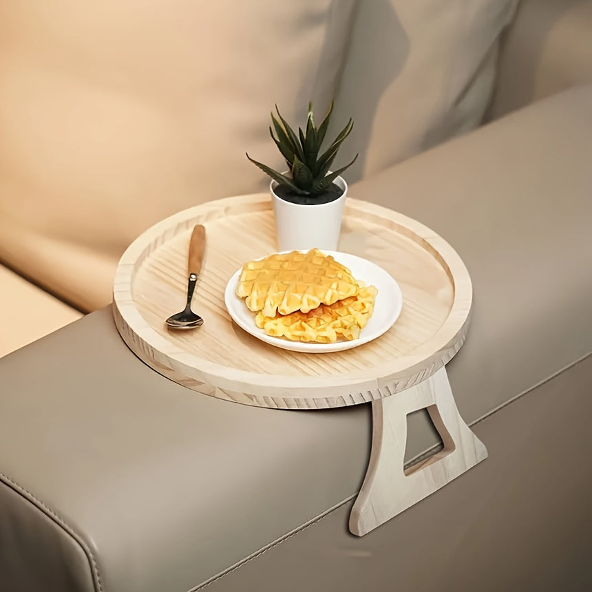 Wooden sofa armrest tray with a built-in cup holder and clip-on design.
