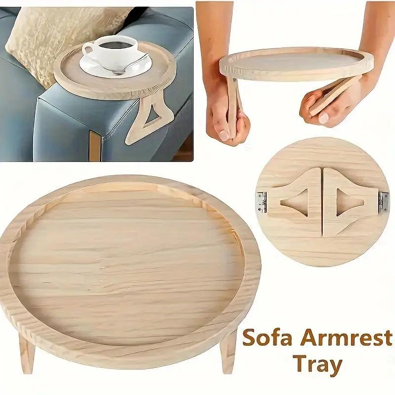 Wooden sofa armrest tray with a built-in cup holder and clip-on design.