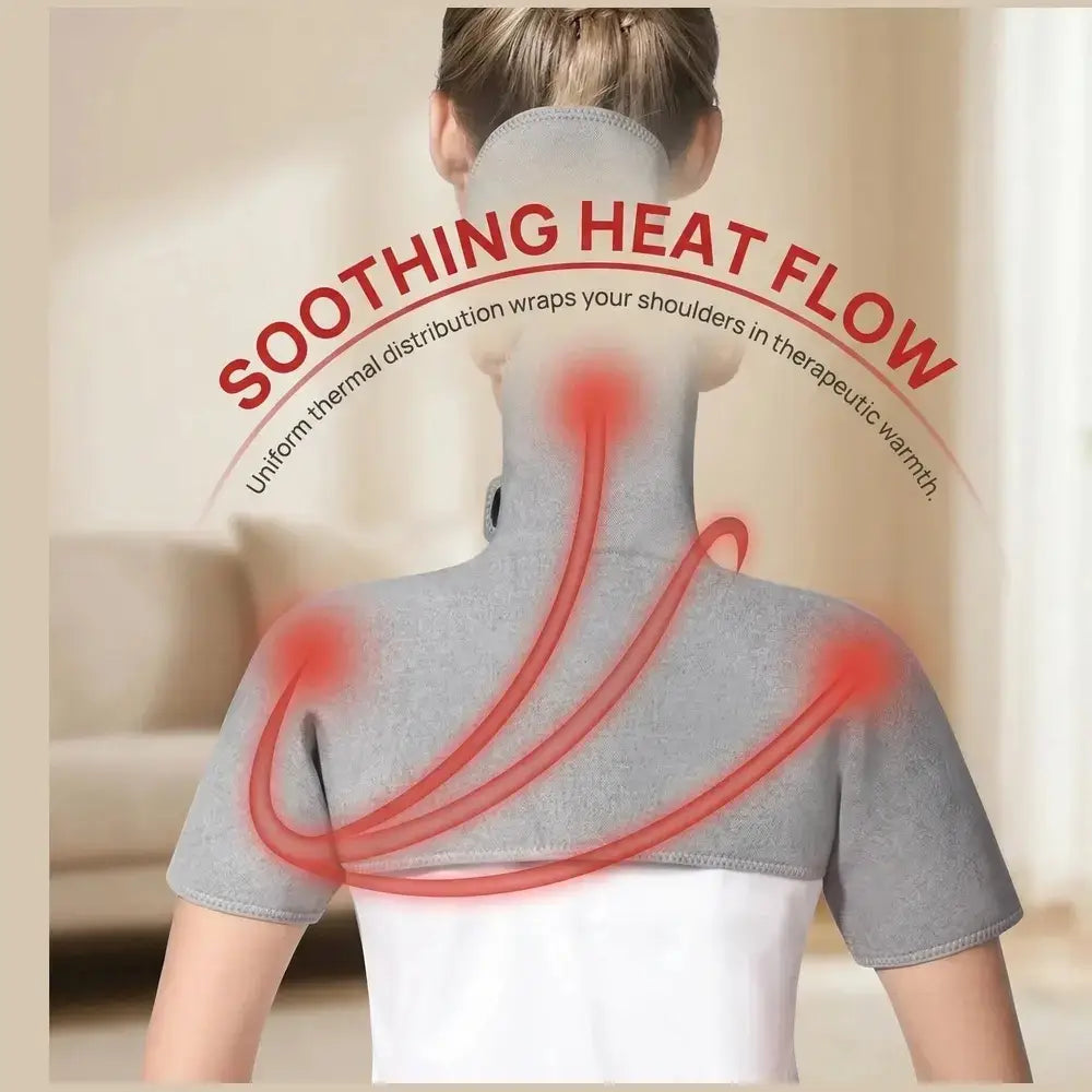 soothing heat flow from neck and shoulder heating pad with massage, providing therapeutic warmth and comfort