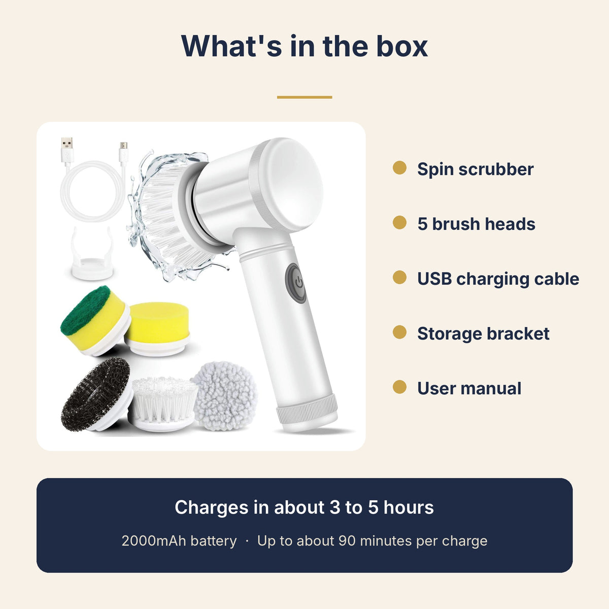 What's in the box: spin scrubber, 5 brush heads, USB charging cable, storage bracket and user manual