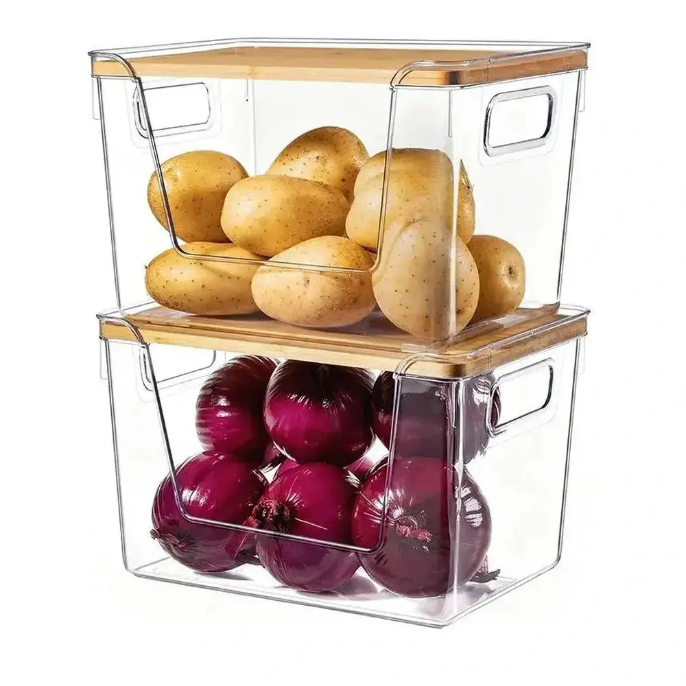 Clear pantry organizer bins with bamboo lid holding potatoes and red onions for easy visibility and access.
