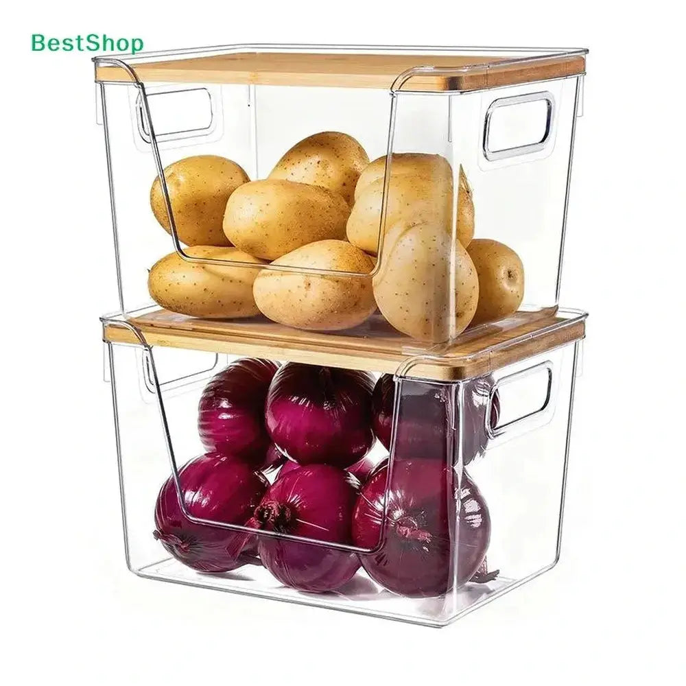 Clear pantry organizer bins with bamboo lid holding potatoes and onions, perfect for kitchen storage and organization.
