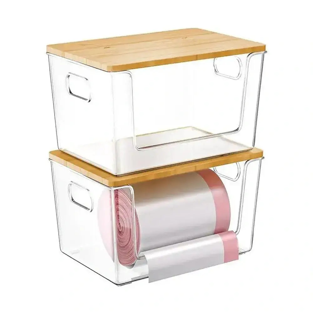 Clear pantry organizer bins with bamboo lid stacked for easy access and visibility of stored items.