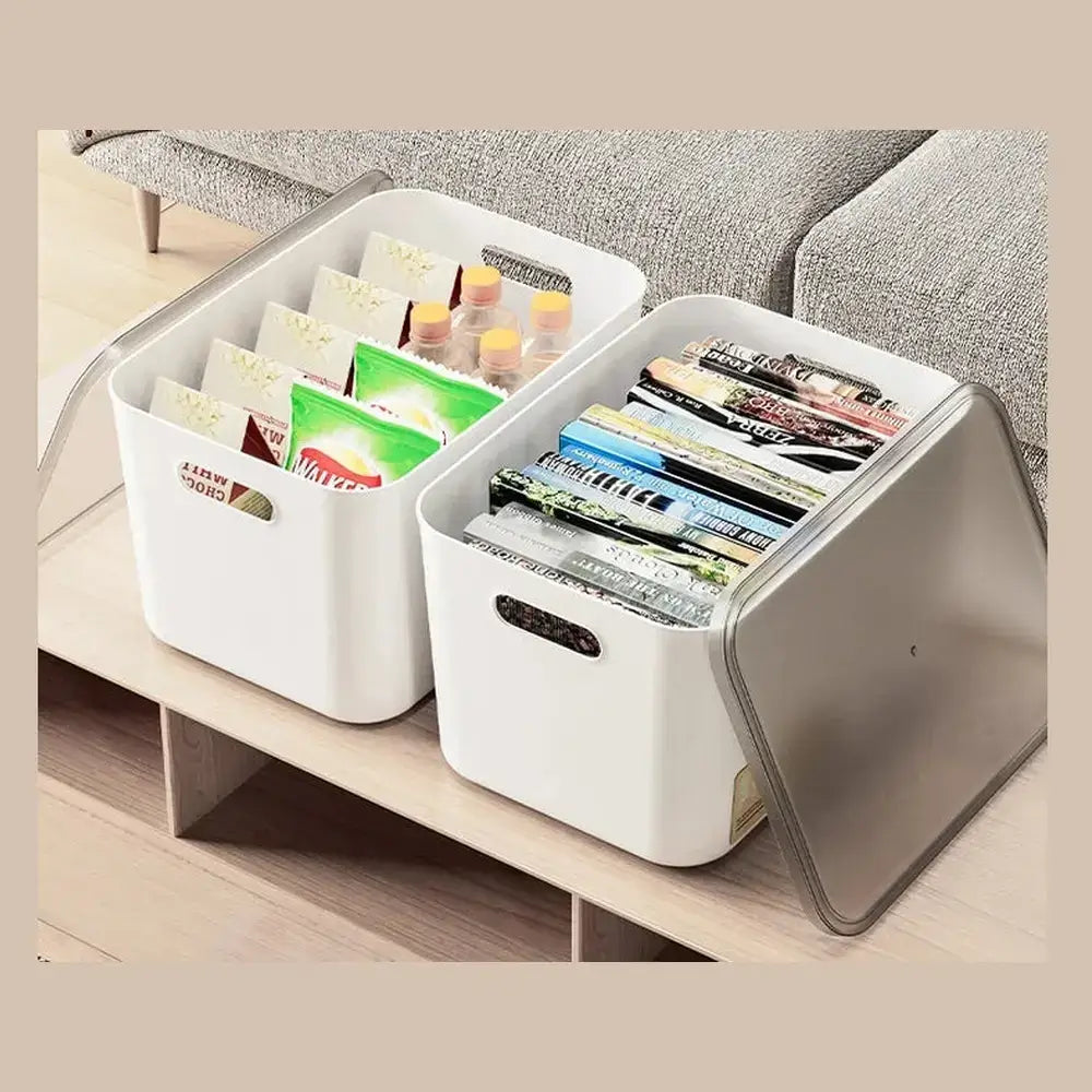 stackable storage bins with clear lids organizing various items on a shelf.