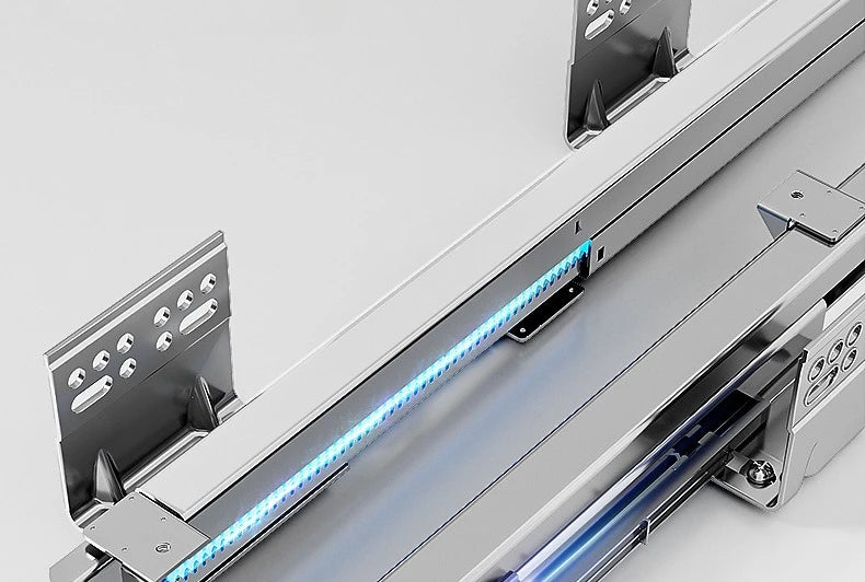 Pull-Out Cabinet Organizer with Sliding Baskets, 600–800 mm slide rail and LED lighting detail.