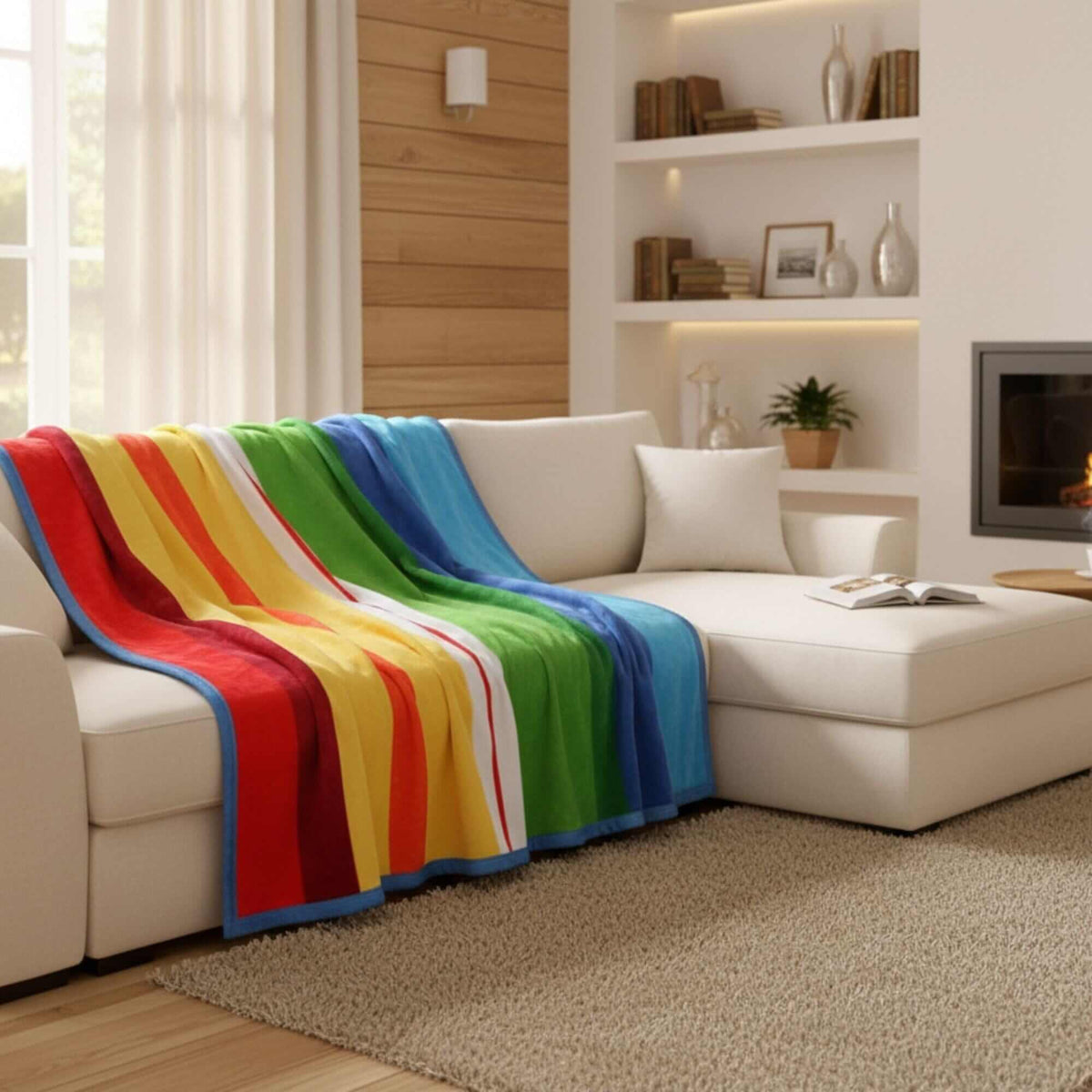 Colorful striped rainbow reversible plush fleece throw blanket.