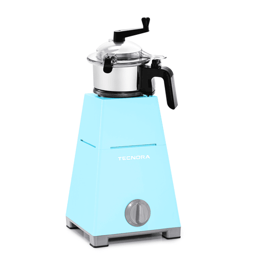 High-torque blender with two jars, one for smoothies and one for dry grinding, in ice blue.