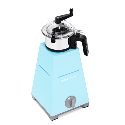 High-torque blender with two jars, one for smoothies and one for dry grinding, in ice blue.