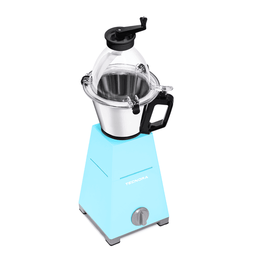 High-torque blender with two jars, one for smoothies and one for dry grinding, in ice blue.