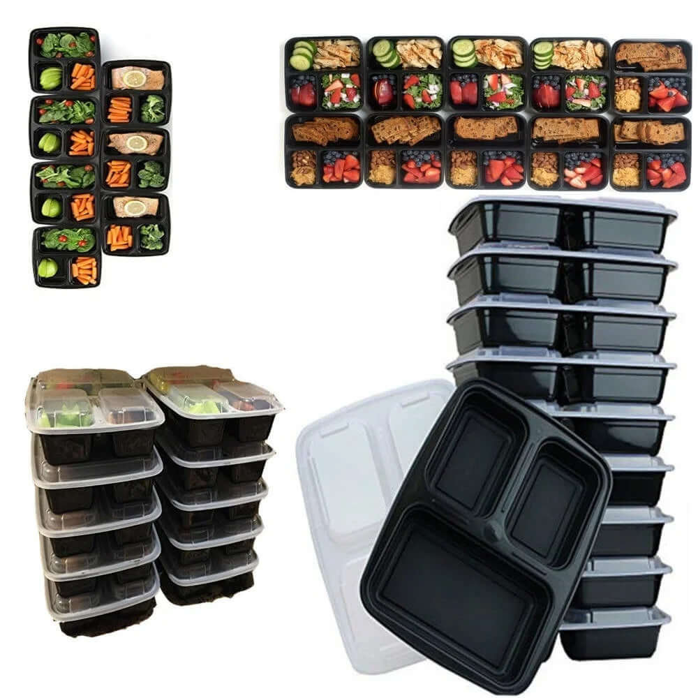 Three-Compartment Meal Prep Containers, 12-Pack stacked and filled with healthy meal options for meal prep.