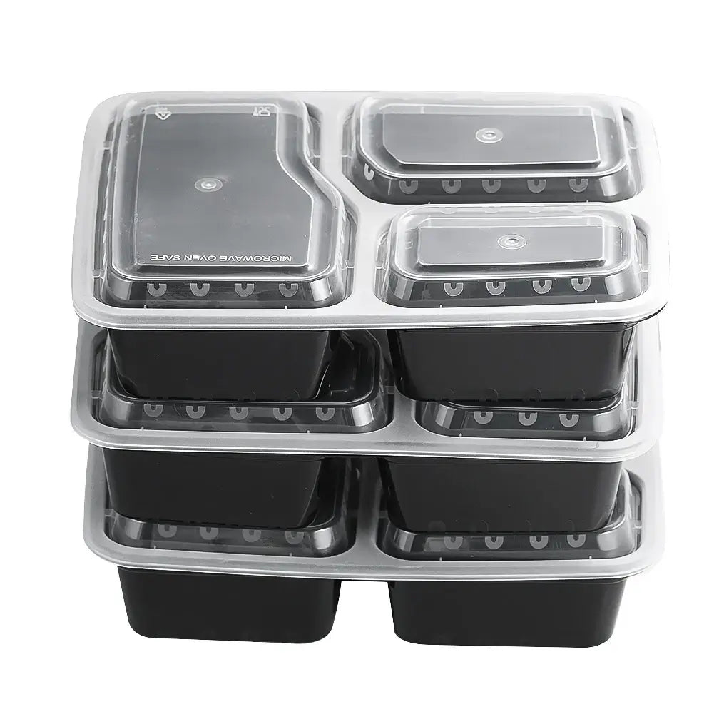 Three-Compartment Meal Prep Containers, 12-Pack stacked for easy meal organization and storage.