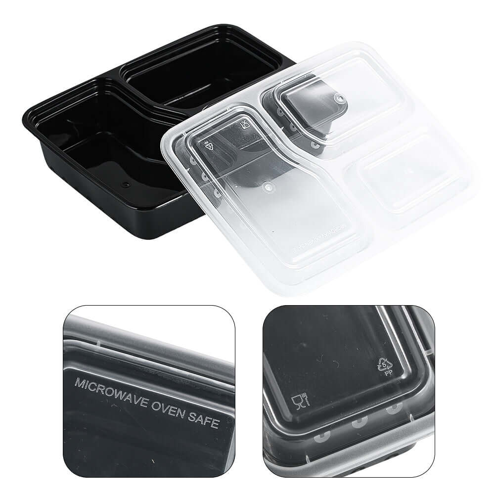 Three-Compartment Meal Prep Containers, 12-Pack with microwave-safe design and stackable feature.