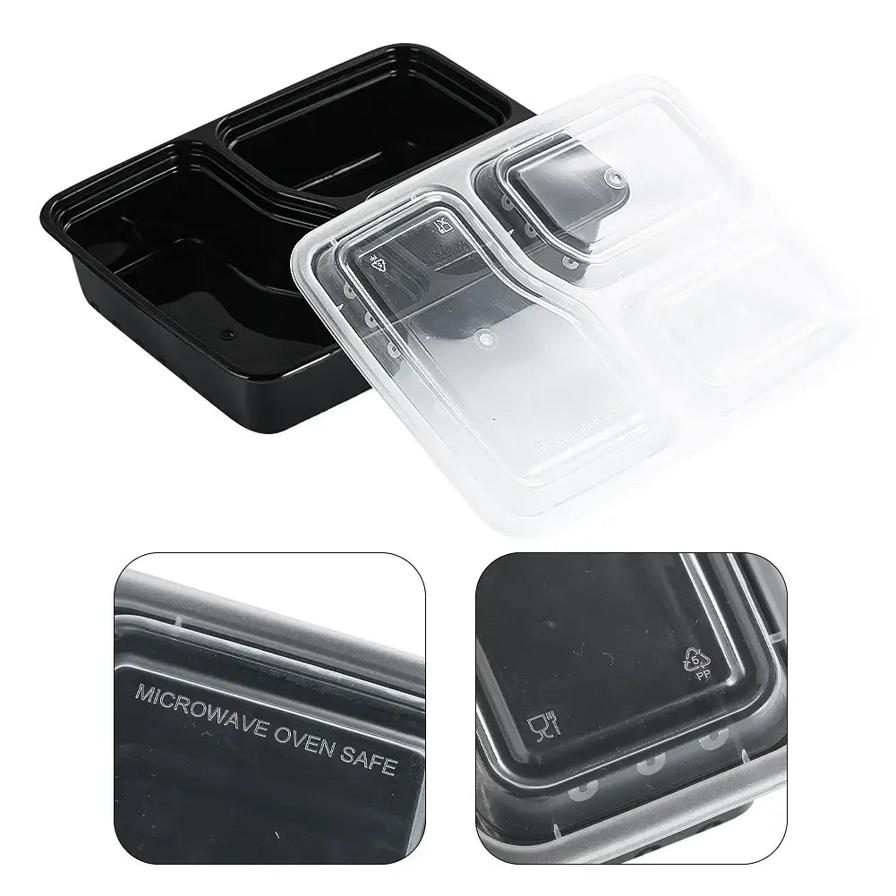 Three-Compartment Meal Prep Containers, 12-Pack with separate compartments and microwave-safe label.