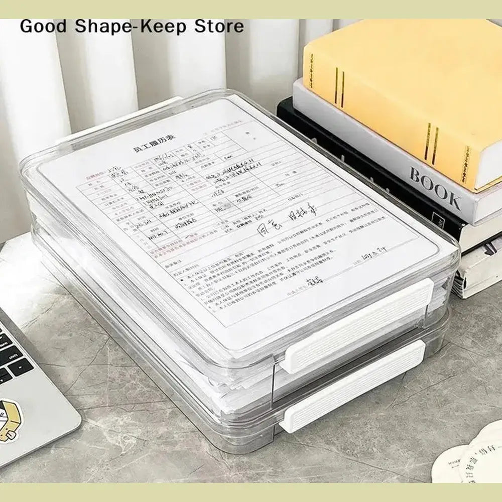 Transparent document storage box stacked for easy access and organization.