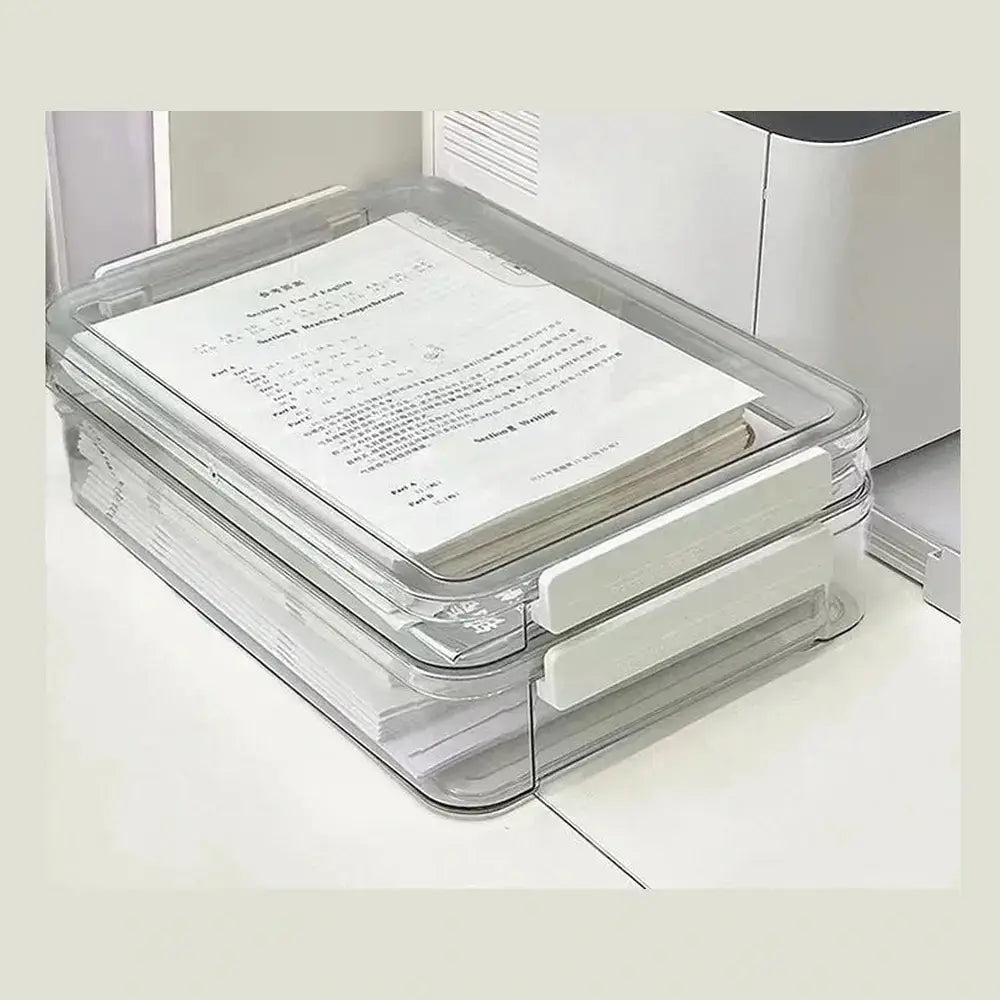 Transparent document storage box holding organized papers neatly.
