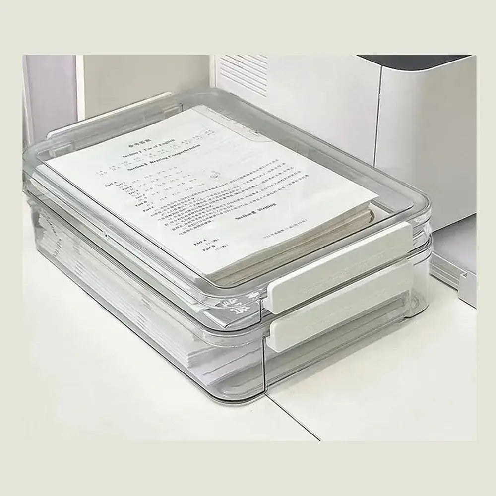 Transparent document storage box shown stacked three high in a home office.
