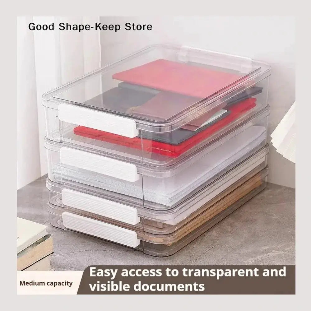 Transparent document storage box stacked for easy access to visible documents.