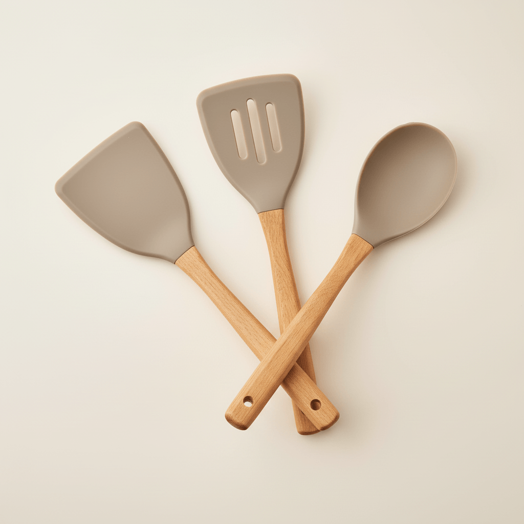 Acacia wood silicone turner set featuring a solid turner, slotted turner, and spoon with natural wood handles.