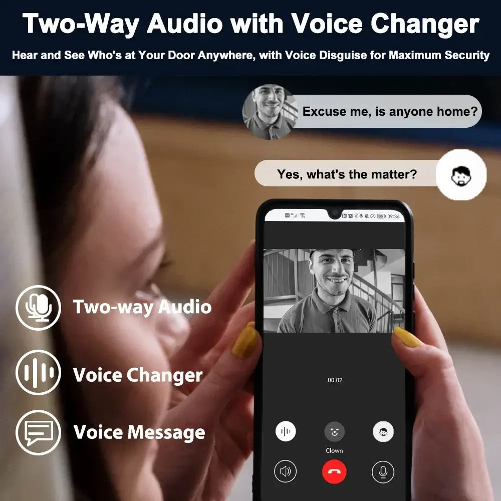 2K wireless video doorbell with chime, night vision, and Alexa compatibility.