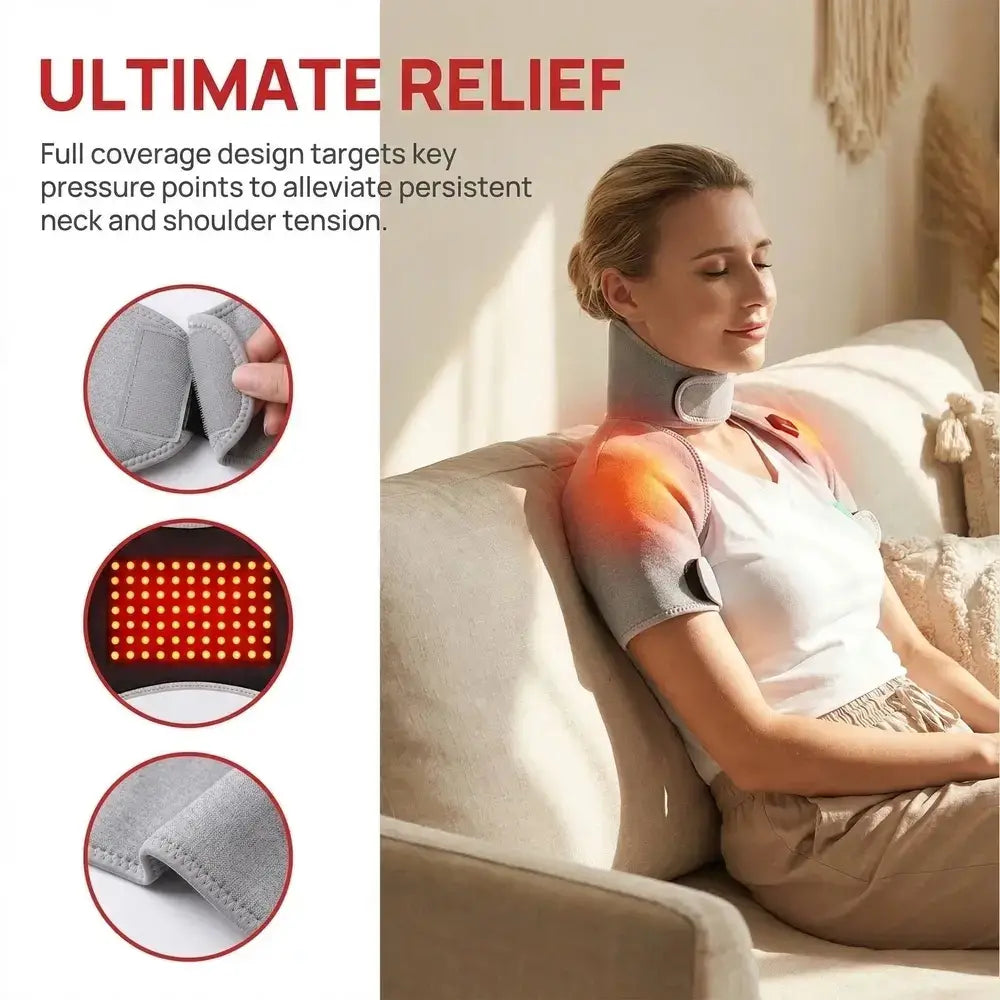 Woman using neck and shoulder heating pad with massage for ultimate relief from tension.