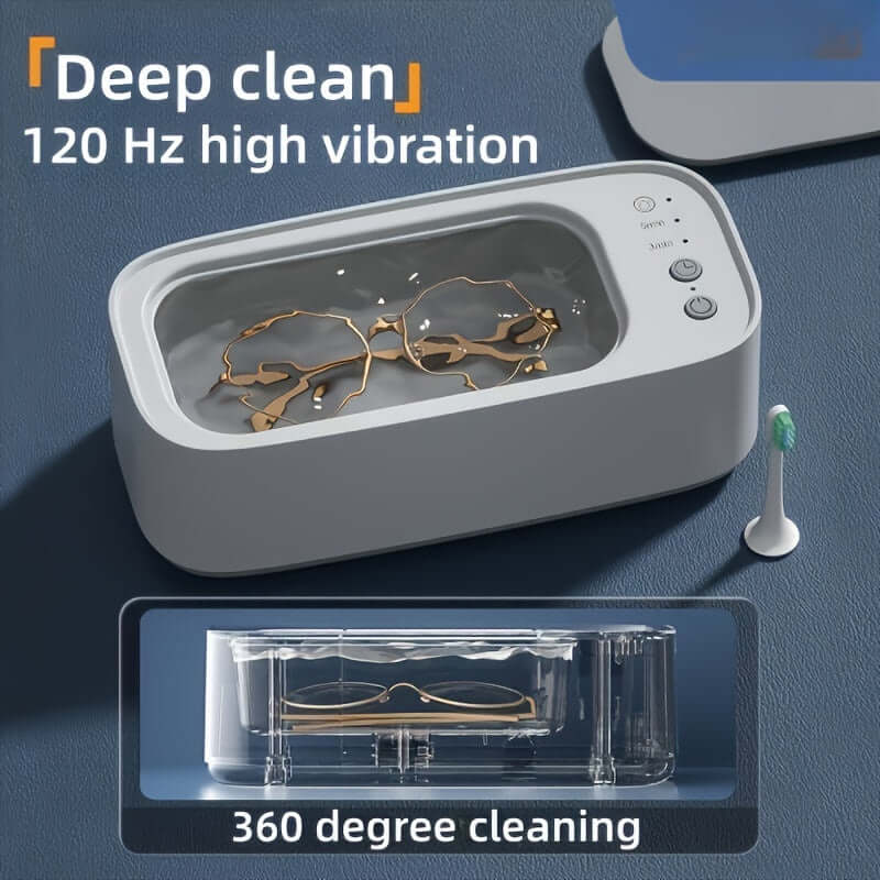 Compact ultrasonic jewelry cleaner for jewelry, glasses, and watches.