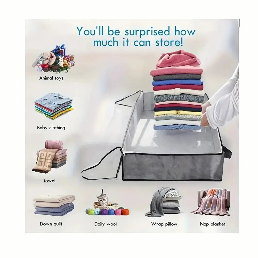 Under-bed storage bags for bedding displayed with various items like clothes, blankets, and toys for effective organization.