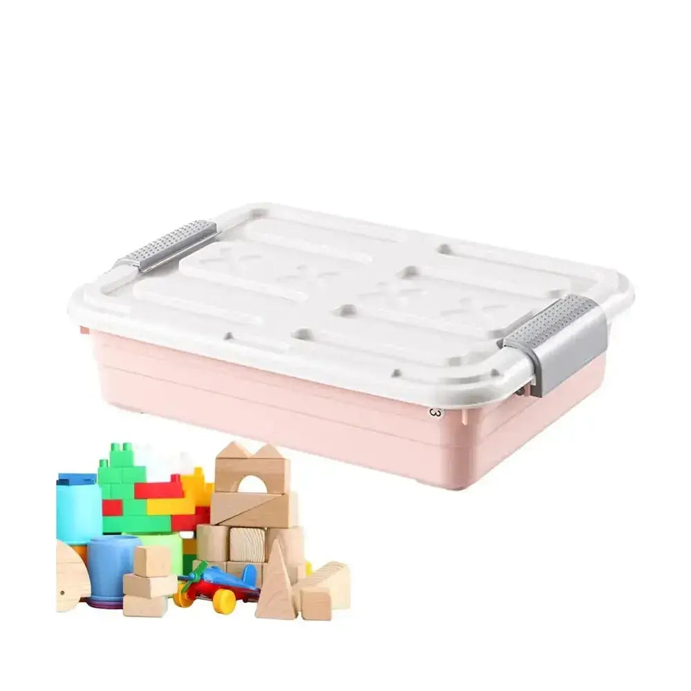 Under-bed storage containers with casters in five color options lined up together.