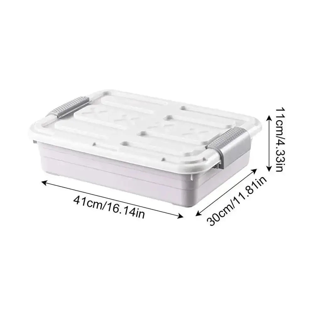 Under-bed storage containers with casters shown rolling out from under a bed frame.