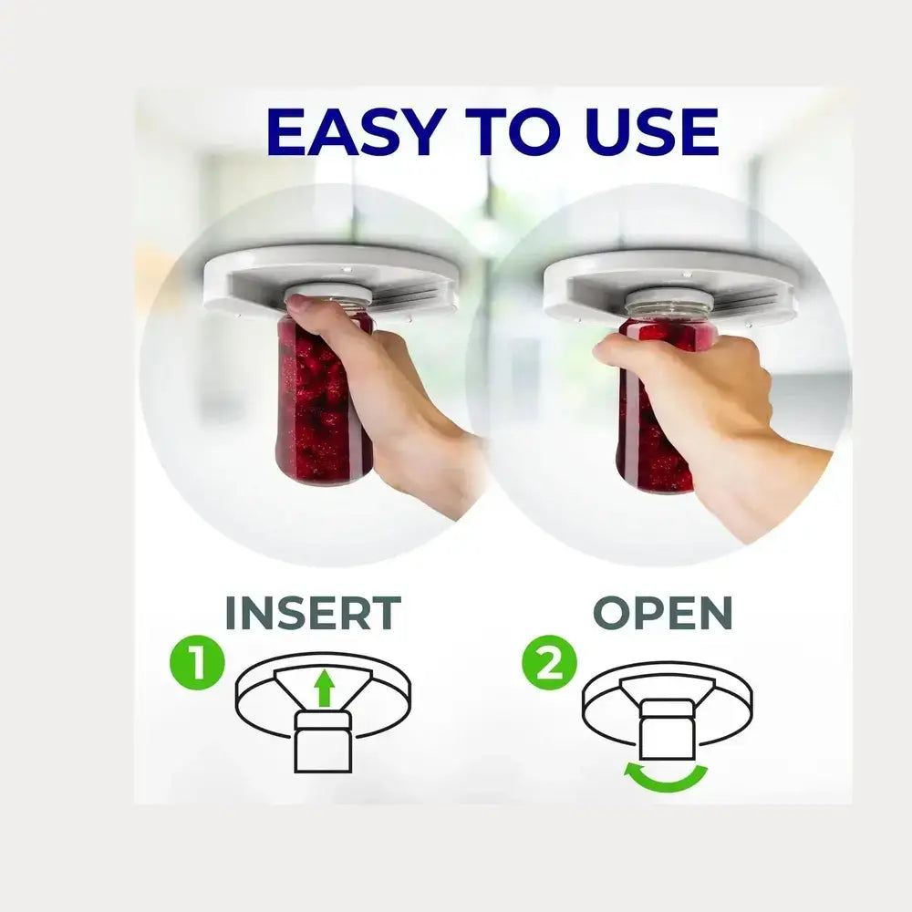 One-handed under-cabinet jar opener demonstrating easy use steps: insert and open jars effortlessly.