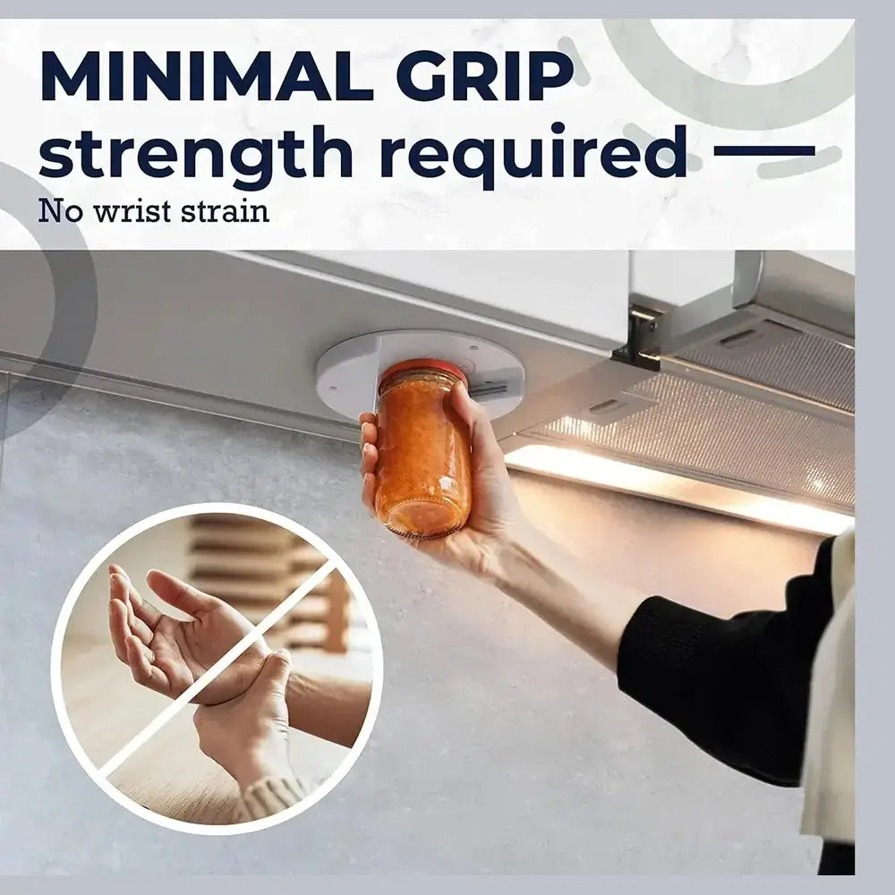 One-handed under-cabinet jar opener demonstrating minimal grip strength needed for easy use without wrist strain.
