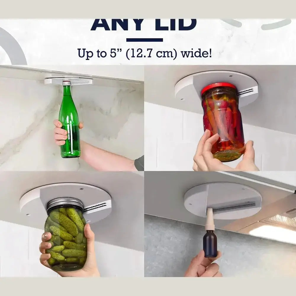 One-handed under-cabinet jar opener in action, illustrating versatility with various jar lids and bottles, providing chef-quality convenience.
