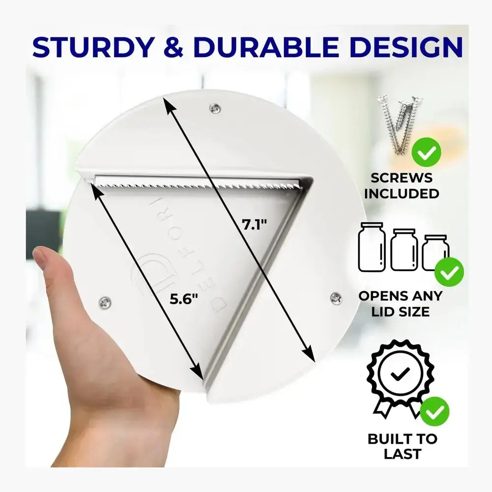 One-handed under-cabinet jar opener with sturdy design, showcasing lid opening capability and installation screws.