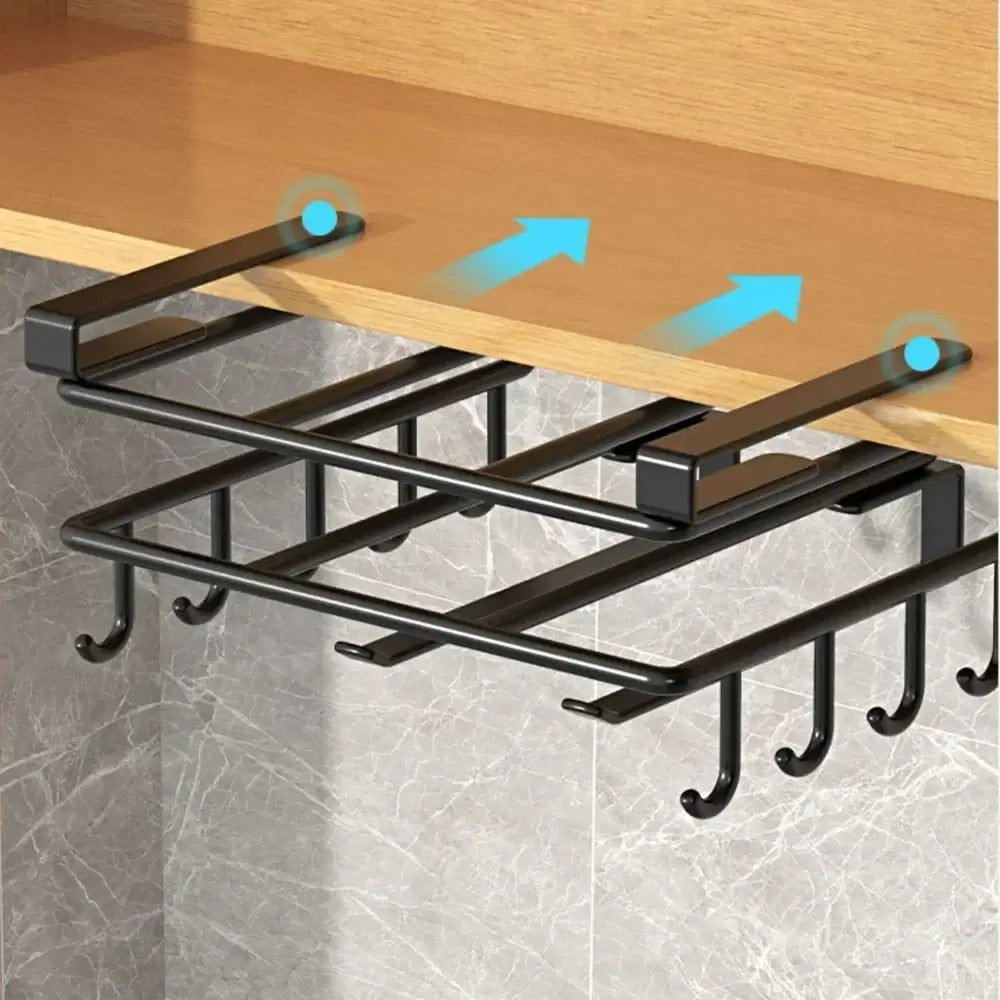 Under-Cabinet Kitchen Organizer Rack mounted below cabinet with cups hanging neatly
