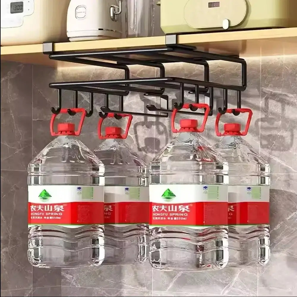 Wine glasses hanging upside down from the Under-Cabinet Kitchen Organizer Rack