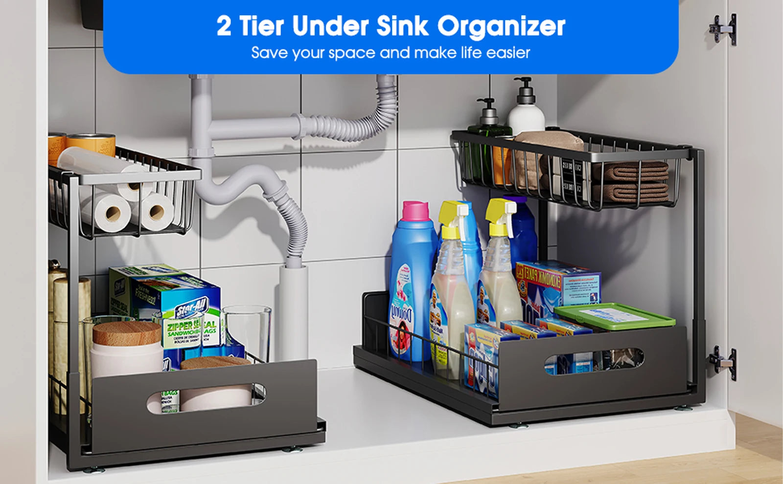 Under Sink Organizer – 2-Tier Sliding Pull-Out Cabinet Basket for Kitchen & Bathroom – Cabinet Organizer