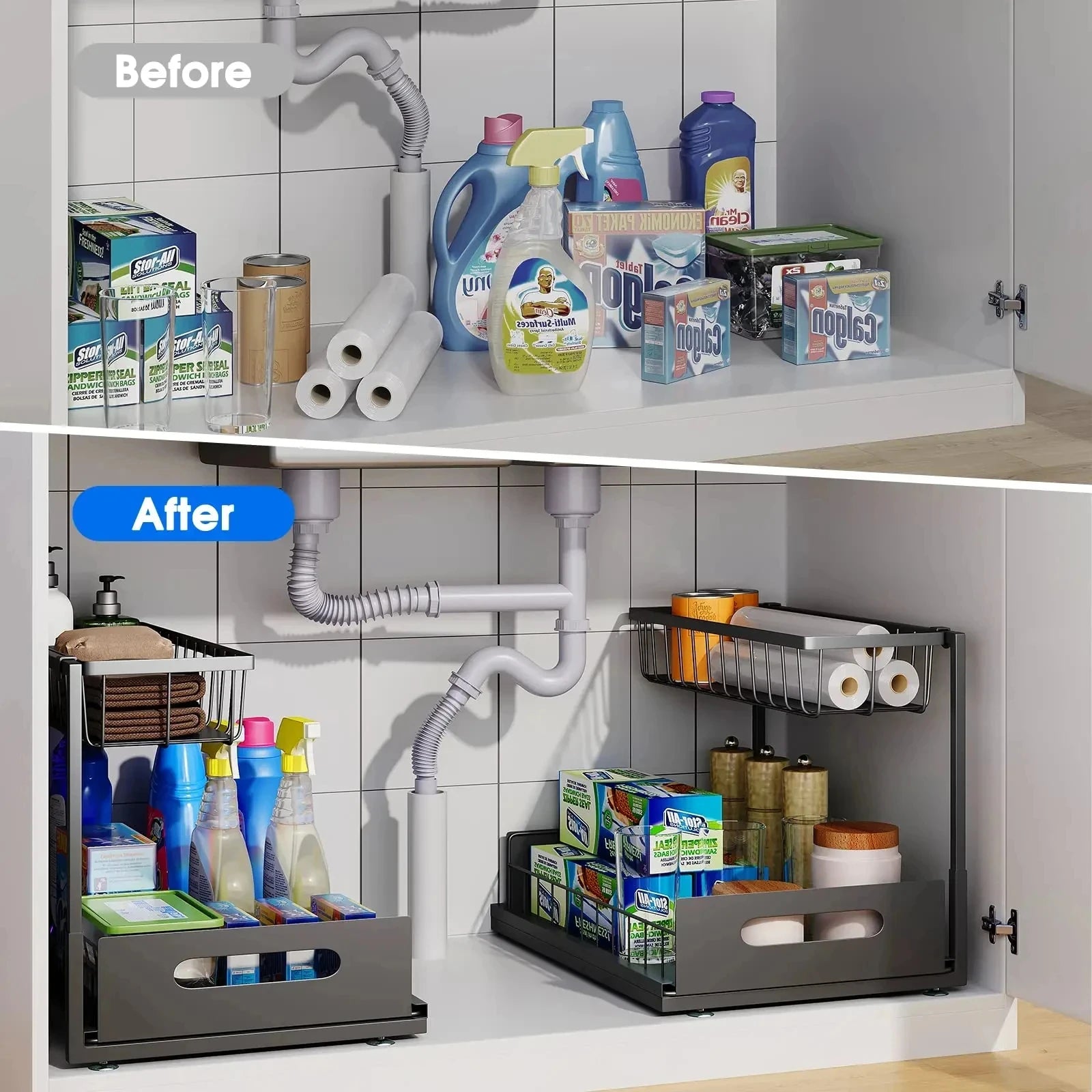 Under Sink Organizer – 2-Tier Sliding Pull-Out Cabinet Basket for Kitchen & Bathroom – Cabinet Organizer