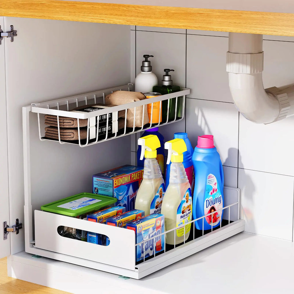 Under Sink Organizer – 2-Tier Sliding Pull-Out Cabinet Basket for Kitchen & Bathroom – Cabinet Organizer